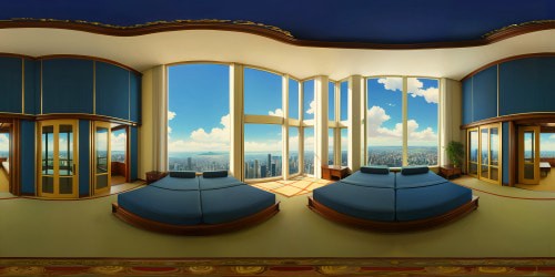 Luxurious hotel suite, king-size bed with satin sheets, floor-to-ceiling windows revealing city skyline, gleaming chandeliers, plush carpeting, ornate furnishings. VR360 panoramic view, metropolitan twilight ambiance. Ultra-HD realism, photorealistic VR360 style, meticulous detail, chiaroscuro shading, rich textures, architectural accuracy.