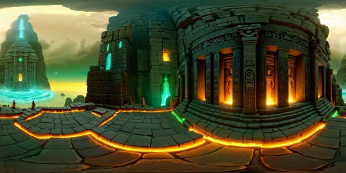 An awe-inspiring, mysterious, and terrifying ancient temple in the radiating twilight of Osoguin, adorned with mythical glyphs, glowing orbs, and intricate architectural marvels that converge into a breathtakingly detailed and cryptic 3D artistic masterpiece of unparalleled quality.