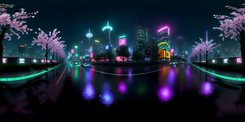 VR360: Neon-lit Tokyo, towering skyscrapers, glimmers of holographic billboards. Futuristic skylines, ultra-high res cyberpunk aesthetics. Detail-oriented masterpiece, vibrant colors, pixel-perfect details. VR360: Cybernetic cherry blossoms, scattered floating lanterns. Outlandish, dense cityscape, luminescent gleam on wet pavements. Style: Neo-noir, ultra-realistic, anime-infused visuals.