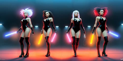 five african american women wearing dark red leotards with thigh high boots. one woman has dreadlocks. there are four women.one woman is carrying a large glowing mace.