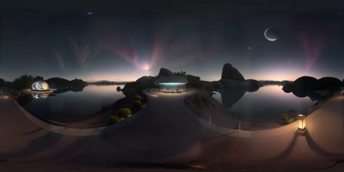 Moonlight bathing serene landscape, glassy lake reflections in VR360, mountains velvet under dense floating mist, VR360 masterpiece in ultra-high resolution. Starry dark sky, moon's shimmering glow, tranquil meditation environment. Optimal quality, flawless detail, peaceful elegance.
