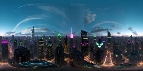 Ultra-high resolution VR360, astonishing dystopian brilliance, neon brilliance overload. Towering sky-touching metallic architectures, parade of hovering platforms. Minimalist framework, spectral light refraction, engrossing future city sprawl. Edge-to-edge detail, hypnotizing VR360 perspective.