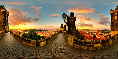 An impeccably detailed view of the Charles Bridge in Prague, Czech Republic, at sunset, with intricate gothic architecture, sparkling Vltava river, warm golden tones, romantic old street lamps, flawless reflections, and intricate cobblestones under an amber sky.