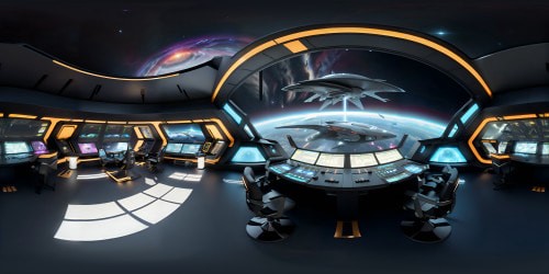 VR360 view: Starship command center, ultra high-res, futuristic screens, galaxy-map, control panels, dashboard lights. Style: Masterpiece, luminescent, VR360 Star Trek-inspired, smooth metallic surfaces, sharp edges, striking contrast.