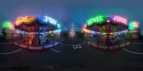 Ultra HD, Joker's hideout, Amusement Mile, nocturnal setting. Harley Quinn's presence. Pixilated, masterpiece-quality VR360. Neon-lit rides, funhouse, colossal ferris wheel. Muted moonlight, sprawling VR360 cityscape. Striking contrast, vibrant colors, muted gloom.