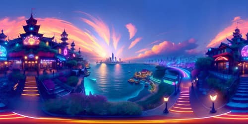 city skyline at night redlight district neon lights oceanfront ocean front sky view