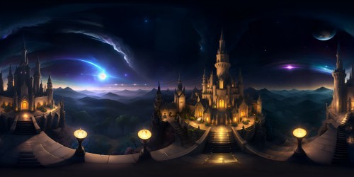 Ultra-high, VR360, photo-realistic masterpiece. Mystery castle, smoke-dark theme in galaxy. Iridescent nebulae, looming astro structures, celestial glimmers. Glossy castle surfaces, dark stone, smoke swirls. VR360, fantasy dream, convincing photo-realism.