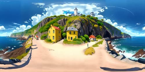 Impressionistic mastery, ultra high res VR360, Brittany seaside, iridescent tide, rugged cliffs, towering lighthouse, quaint fishing cottages, salt-streaked, windswept beauty. Style: Van Gogh meets Monet with a digitized flair.