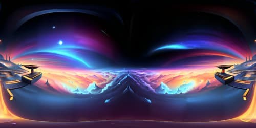 Masterpiece, ultra-high resolution VR360, sleek feline form abstract, array of colors, digital painting style, silhouette against iridescent nebula sky, minimalistic foreground.