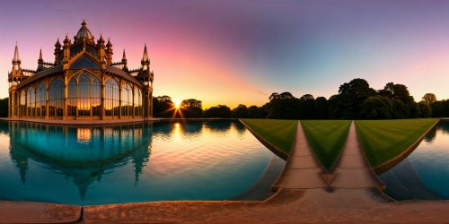 An architectural marvel of a grandiose crystal palace with intricate glass spires, reflecting a luminous sunset over a sparkling azure lake, surrounded by lush, vibrant gardens, an awe-inspiring extremely high-resolution artwork, a flawless visual symphony.