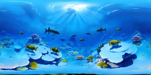 underwater ruins, realistic 8k, fish, blue, melancholy