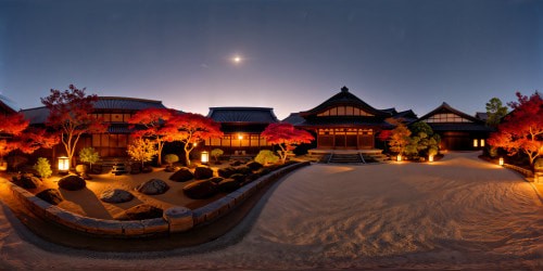 An exquisitely detailed Edo period Japanese Zen garden, brilliantly illuminated under the velvety night sky of Autumn, radiating a cozy warm glow, boasting a rich color palette of deep reds, magentas, browns, and deep orange-yellow hues in a Ghibli-inspired warm feverish aesthetic.