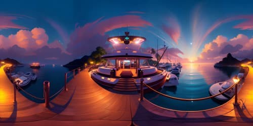 Ultra high-res VR360, gleaming marina, sleek yachts, twisted rope on weathered docks, polished teak decks, fantasy art-style, rich colors, dramatic sky gradients, magenta sunset, magnificent clouds, starry night. Masterpiece quality.