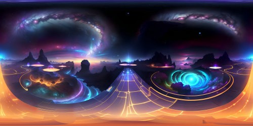 Illenium-inspired cosmic landscape, mesmerizing galaxy, swirling nebulae in vibrant hues. VR360 view of distant supernovas, oversized, glowing celestial bodies. Ultra-high-res, masterful precision, delicate contrasts. Ethereal, dreamy, VR360 panorama. Ethereal floating islands, bioluminescent flora for minimal foreground. Style - fantasy digital art, subtle, glowing