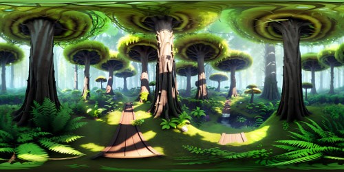 VR360 view: lush green forest, towering tree trunks, dangling moss, glowing mushrooms. Masterpiece-worthy, ultra high res textures. VR360 style: vibrant hues, Pixar-like detail, Gorilla Tag VR forest map, illuminated tutorial pathways.