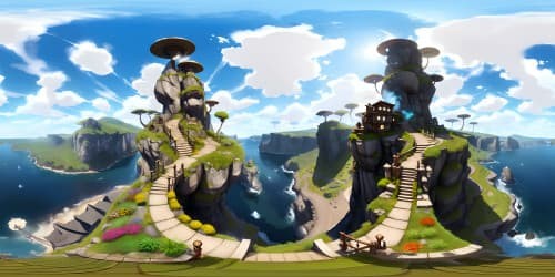 superior craftsmanship, ultra high res VR360, isolated house atop cliffs, breathtaking river/beach panorama, Pixar-style