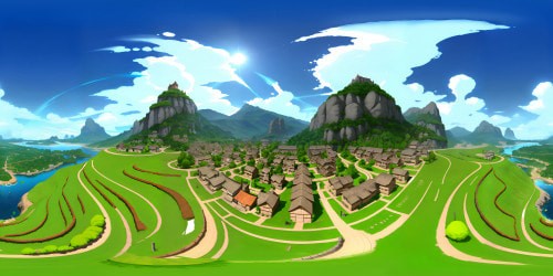 Konoha village, ultra-high-res, Naruto's universe, sprawling VR360 leaf-strewn pathways, colossal Hokage visages etched in mountains. Layered rooftops, warm hues, masterpiece art-style. Anime influence, vivid color palette, enticing VR360 panorama. Striking quality, breathtaking detail.