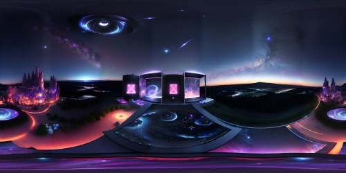 Holographic night sky, thousands of stars twinkling, VR360 panorama. Saturated cosmic nebula, deep indigo, pink swirls, ethereal glow. In foreground, mirrored terrain, reflecting starlight. Style: masterful digital realism, ultra-high-resolution, tangible richness, photorealistic splendor, VR360 depth immersion.