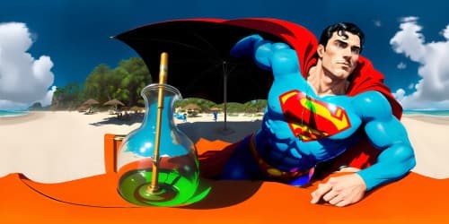 Superman relaxing at the beach smoking from a big green bong