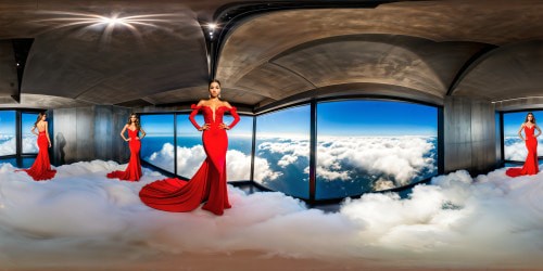 A lavish, shimmering fashion runway set in a opulent, modern loft, where statuesque Latina supermodels showcase fiery red gowns under flawless, shimmering lighting, captured in stunning 8K resolution.