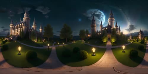 hogwarts castle grounds realistic with a starry sky and phoenixes flying