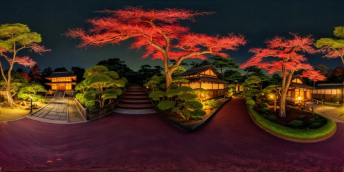 Expansively panoramic Edo period Japenese garden at night, with cozy warm toned glowy lighting. Emaculately detailed landscaping. Deep warm toned color palette, with deep reds, magentas,browns, deep orange-yellow tones. Warm feverish aesthetic.