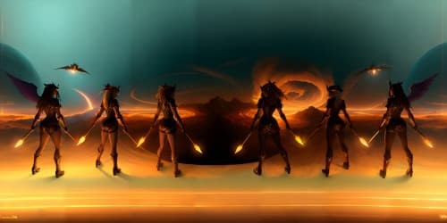 five evil female angels wearing black leotards with red trim_they have golden wings_the women have gold halos over their heads_one woman has dreadlocks_two of the women are  african american_they are flying_one woman is carrying a flaming green hammer.