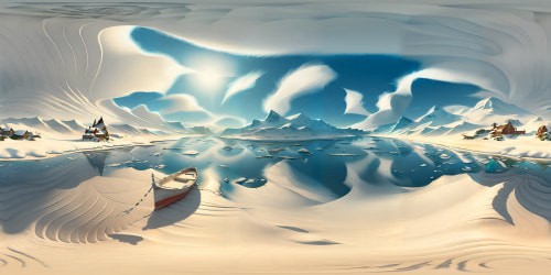 Masterpiece-quality seascape, oceanfront view, VR360 winter beach. Translucent snowflakes descending, dusting sand, driftwood. Frost-touched dunes, waves lapping, chilling surf. High-resolution VR360 panorama, frozen shell details. Ultra high-res digital painting style, intricate snowflake textures, reflective icy ocean nuances.