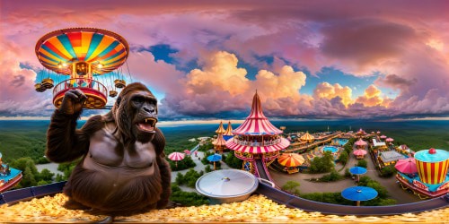 In an ultra high resolution candy and popcorn flooded amusement park, a colossal gorilla sings beneath a UFO hovering above, casting a surreal and whimsical atmosphere with vivid colors, neon lights, and a sense of playful chaos.