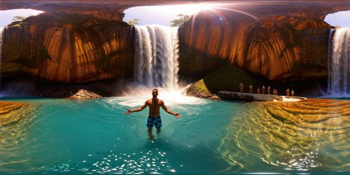 A magnificent, flawless cascading waterfall, shimmering in crystal-clear water with men joyfully swimming in the pristine pool beneath, captured in ultra-high resolution detail, an aquatic masterpiece.