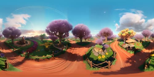 VR360 emerald sky in Pixar-style sunset brilliance, high-quality masterpiece, technicolor poppy fields in luminous glow. Ultra high-res VR360 crystal river meandering down, adding fluidity to the scene. Luxurious texture details, enhancing VR360 fantasy wonderland resonance. Harmonious, superior render of Oz, pristine detailing for immersive VR360 experience.