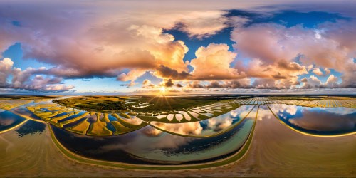 A flawless, exquisite masterpiece of a panoramic view; the sprawling salt marshes of Guerande, with the charming town in the background, under a golden, sun-kissed sky, featuring intricate salt pyramids and delicate reflections on the mirror-like water.