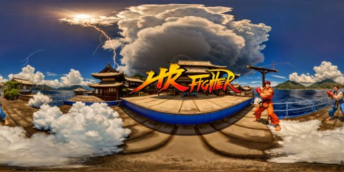 In a flawless rendition of Street Fighter 2, Ryu casts a luminous Hadouken at Chun Li, set amidst a stormy, dark Japanese fishing dock, illuminated by vibrant lightning in Street Fighter 5's ultra HD art style, capturing an intense clash of warriors amidst the tempest.