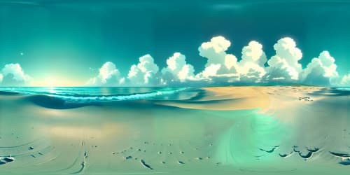 Pristine sandy shores, towering palm silhouettes against pastel sky, VR360 view. Hyperrealistic digital painting style, dynamic shadows, translucent waves. Chrome-like detail, men absent, focus on serene desolation. Immaculate rendering, vibrant colors, VR360 sweeping ocean expanse.