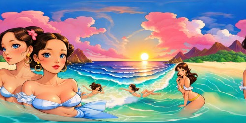 A luxurious crystal-clear tropical cove, where five princesses, aged 22, adorned in radiant pink bikinis and gold hoop earrings, with lips glossed in seductive red, elegantly posed with blue eyes sparkling; two blondes among them, showcasing perfect hourglass curves and flawless, tanned skin, in a sensual showcase of beauty and elegance, under a golden sun, with shimmering waters and sandy beaches.