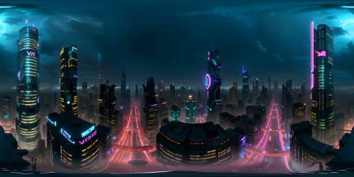 VR360, ultra high resolution, NightCity streets, neon illumination, cyberpunk aesthetic. Futuristically sharp architecture, towering skyscrapers, glowing billboards, holographic advertisements. Masterpiece quality, plethora of digital hues, enigmatic cyberpunk 2077 vibe. VR360, nocturnal glamour, mesmerizing cityscape.