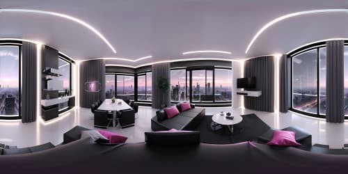 VR360 modern minimalist apartment, ultra high-res, sleek chrome fixtures. Extensive floor-to-ceiling windows, VR360 city skyline view, twinkling lights. Pastel-hued minimalist furniture, clean lines, open-concept layout. Oversized VR360, digital painting style, precisely detailed cityscape. Masterpiece quality, pastel tones dominance, chrome highlights.
