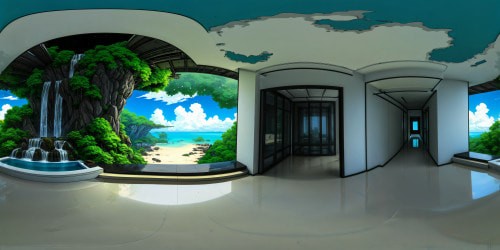 A flawlessly crafted futuristic living space in a modern mansion, gleaming white marble contrasting with lush greenery, an open ceiling revealing the sky, expansive windows framing a tranquil water garden with cascading waterfalls, set under a vibrant aqua blue sky gazing upon a tropical beach, an ultra high res masterpiece.