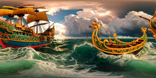 Two majestic galleons clash under a brooding, stormy sky above a tumultuous sea, their billowing sails catching the ominous light of the impending storm.