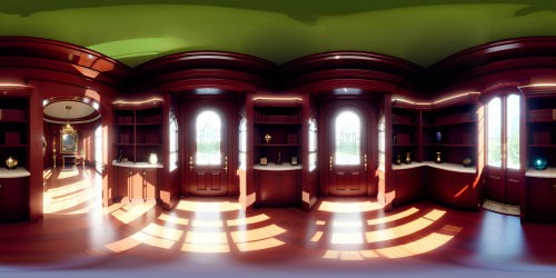 Elaborate VR360 view, towering mahogany bookshelves, boundless literature, ornate ladders, illuminated manuscripts, celestial domed ceiling. Style: ultra high-res, uniquely Pixar, crisp, vibrant colors, alluring glow, meticulous detail. Best quality VR360 masterpiece.