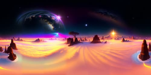 A beautifle night sky full of shooting stars moving in the twilight, clouds are floating about as the sun rises in the distance, spreading it's soothing orange glow across the peaceful night sky.