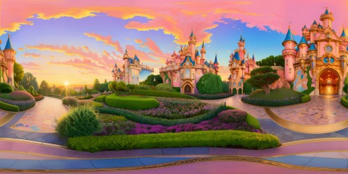 Immaculate Disneyland Paris at golden hour, dazzling Sleeping Beauty Castle against a pastel sunset sky, vibrant gardens, polished Cinderella carousel, glimmering Main Street, ultra high res, meticulous detail.