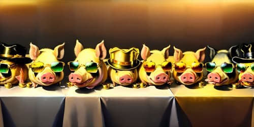 five pigs wearing tophats and darkglasses eating ham sandwiches oil painting