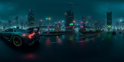 Cyberpunk cityscape, towering neon-lit skyscrapers, intricate VR360 details. Ultra high-res, advanced tech structures, slick hovercars, suspended highways. Futuristic, best quality masterpiece in VR360, vibrant street-markings, digital billboards.