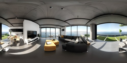 VR360 ultrahigh resolution, photorealistic modern architectural room, grand concrete archway with floor to ceiling window. Large window frames foggy morning seascape, ethereal small island peeking through. Single grey leather couch facing arched window. VR360 view: modernity blended with nature's mystery. Style: Masterpiece, best quality.