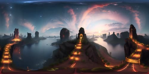 VR360 view, nocturnal scene, multiple story dark-red pagodas, towering, high-res artistry. Peaks silhouetted against moonlit sky, touch of Oriental aesthetic for VR360 panorama.