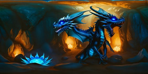 Immerse yourself in a flawless, ultra-high-resolution VR360 masterpiece showcasing a dark cavern bathed in mystical blue light, housing pristine oblong dragon eggs of varying shades gleaming in the darkness. A silver humanoid dragon stands in a protective stance, creating a serene ambiance that accentuates the refined detailing and visually striking dragon aesthetics for a truly breathtaking experience.