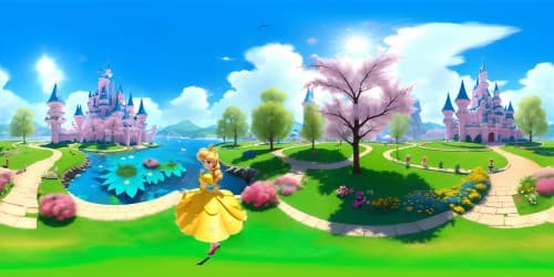 SUPERMARIO CHARACTERS.2 PRINCESSES; one princess peach blond har and pink dress; the other princess daisy has brown hair and yellow dress.STANDING in front of pink castle