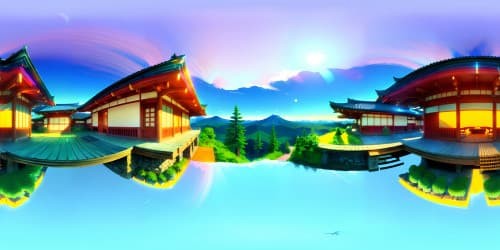 Masterpiece, ultra-high-res, alpine Japanese house, galaxy view in 3D, sleek VR360. Maison style japonais en haute montagne, vue galactique en 3D, suave VR360.