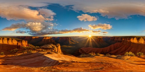 An awe-inspiring view of the vibrant Australian Outback at dawn, golden light bathing the rugged landscape in a warm, ethereal glow, casting long shadows and illuminating the ancient red rocks and vast desert plains, high-resolution perfection.